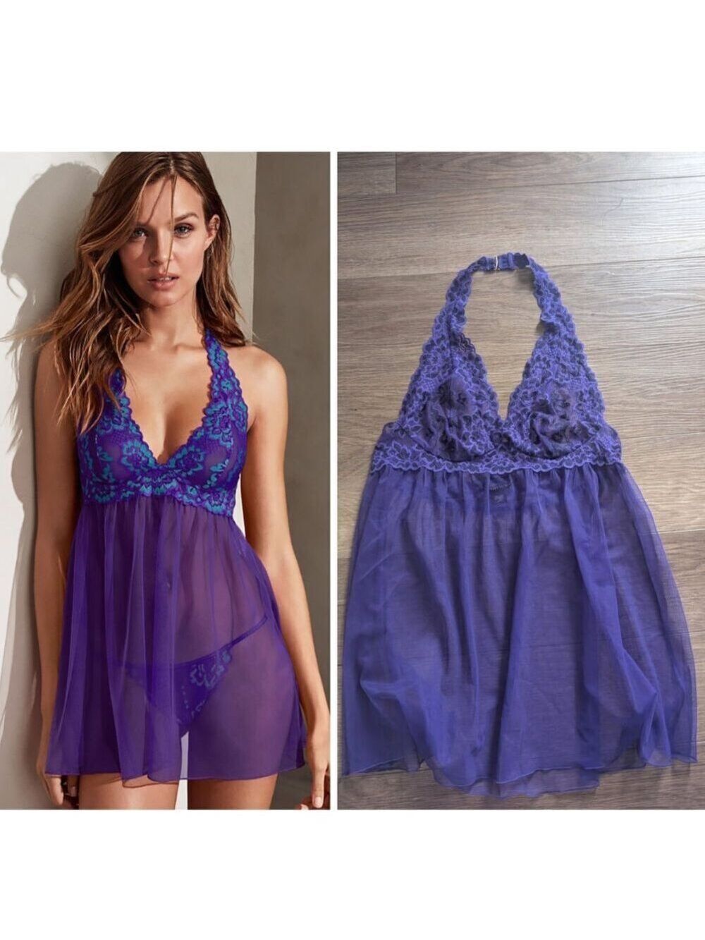 Victoria’s Secret | Lace Mesh Halter Babydoll In Royal Purple